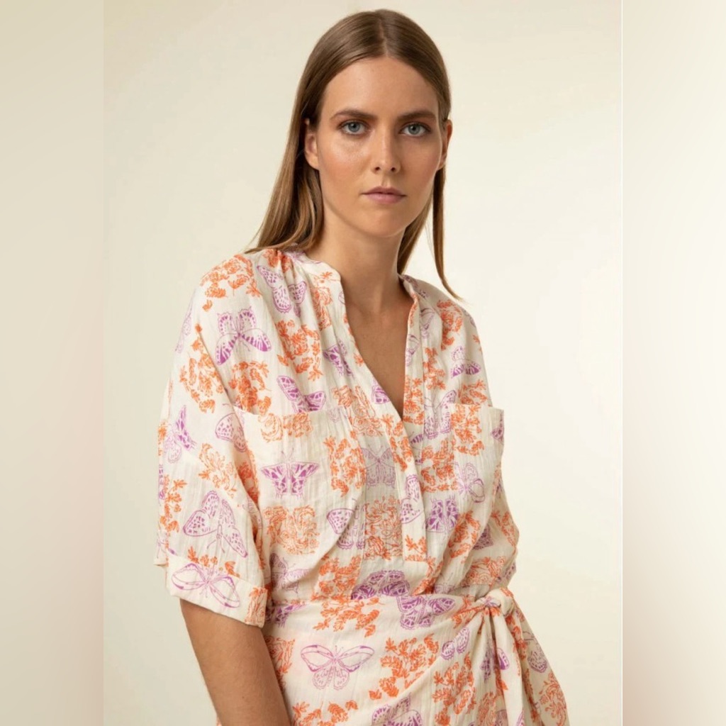 Frnch June Blouse - Le Zoo Butterfly Floral Print Top Orange Purple